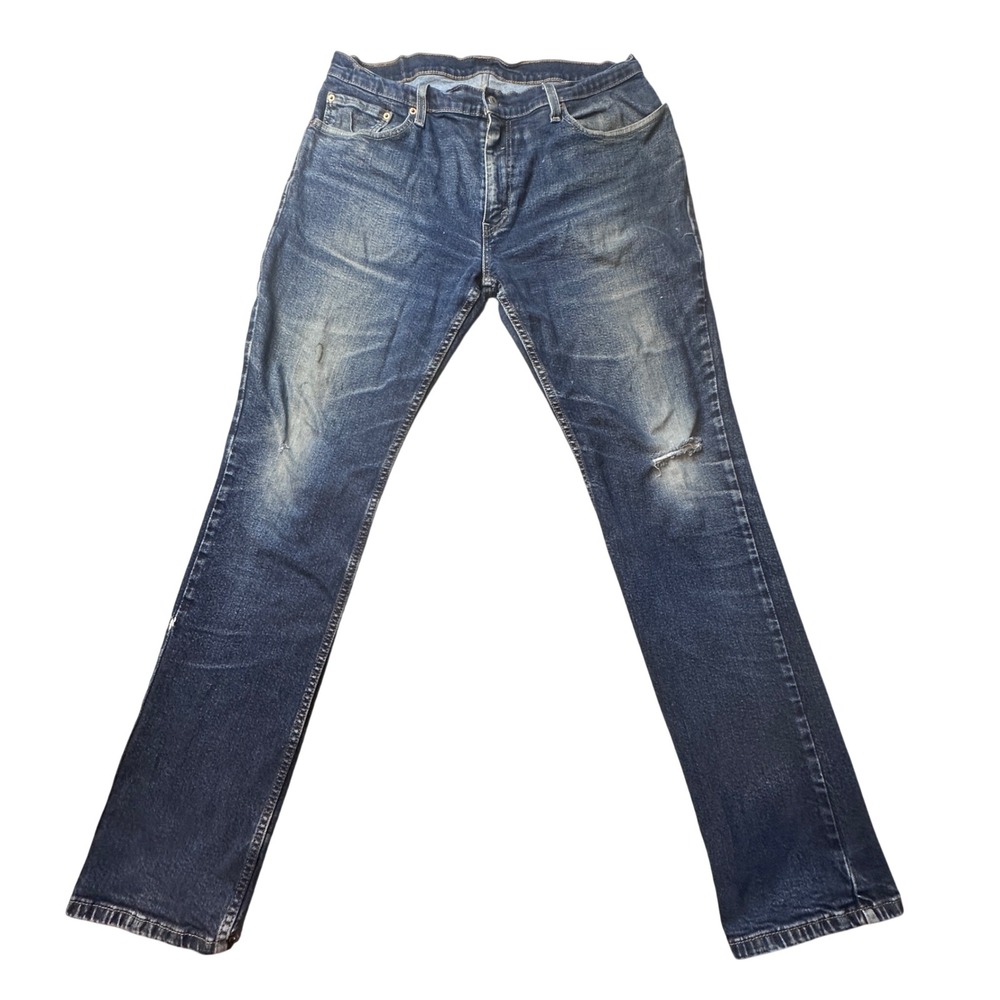 Levi's 514 Jeans Mens 36x34 Blue Straight Fit Stretch Denim Dark Wash Distressed